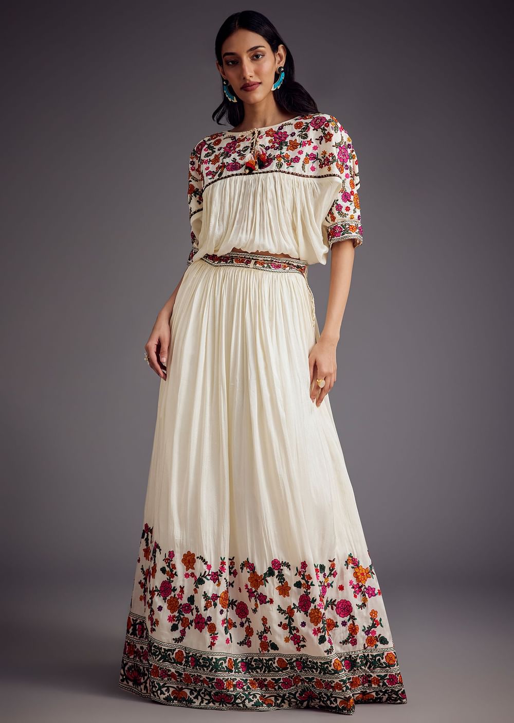 Ivory Embroidered Skirt With Resham work Detailed Crop Top
