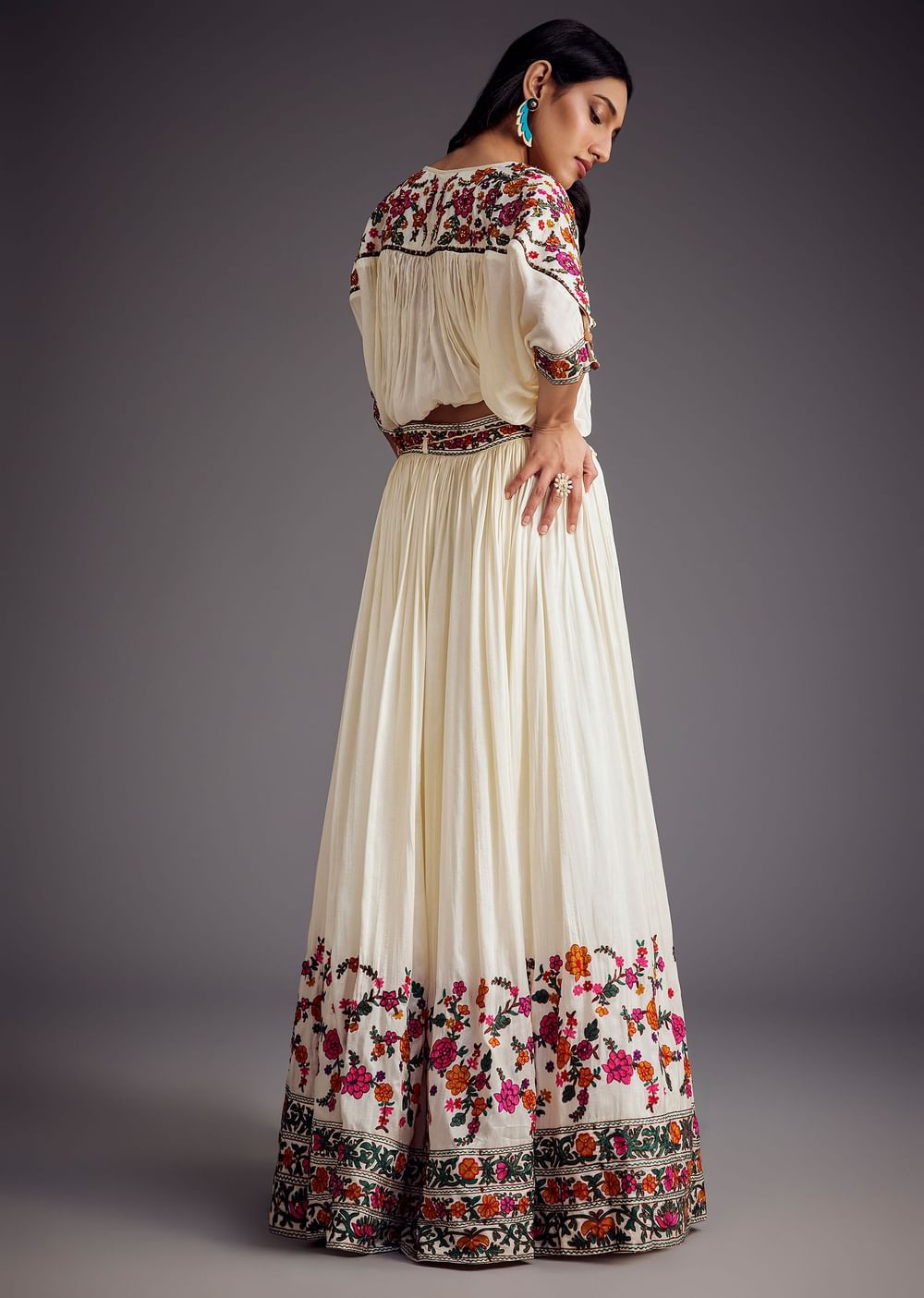 Ivory Embroidered Skirt With Resham work Detailed Crop Top