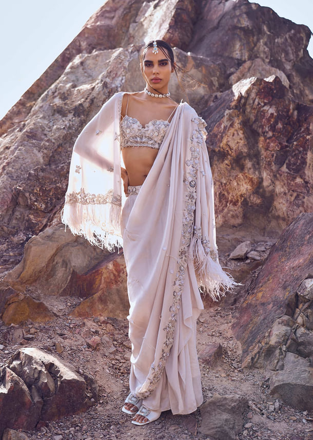 Ivory Hand Embroidered Tissue Pre Stitched Saree With Cape Ivory Hand Embroidered Tissue Pre Stitched Saree With Cape