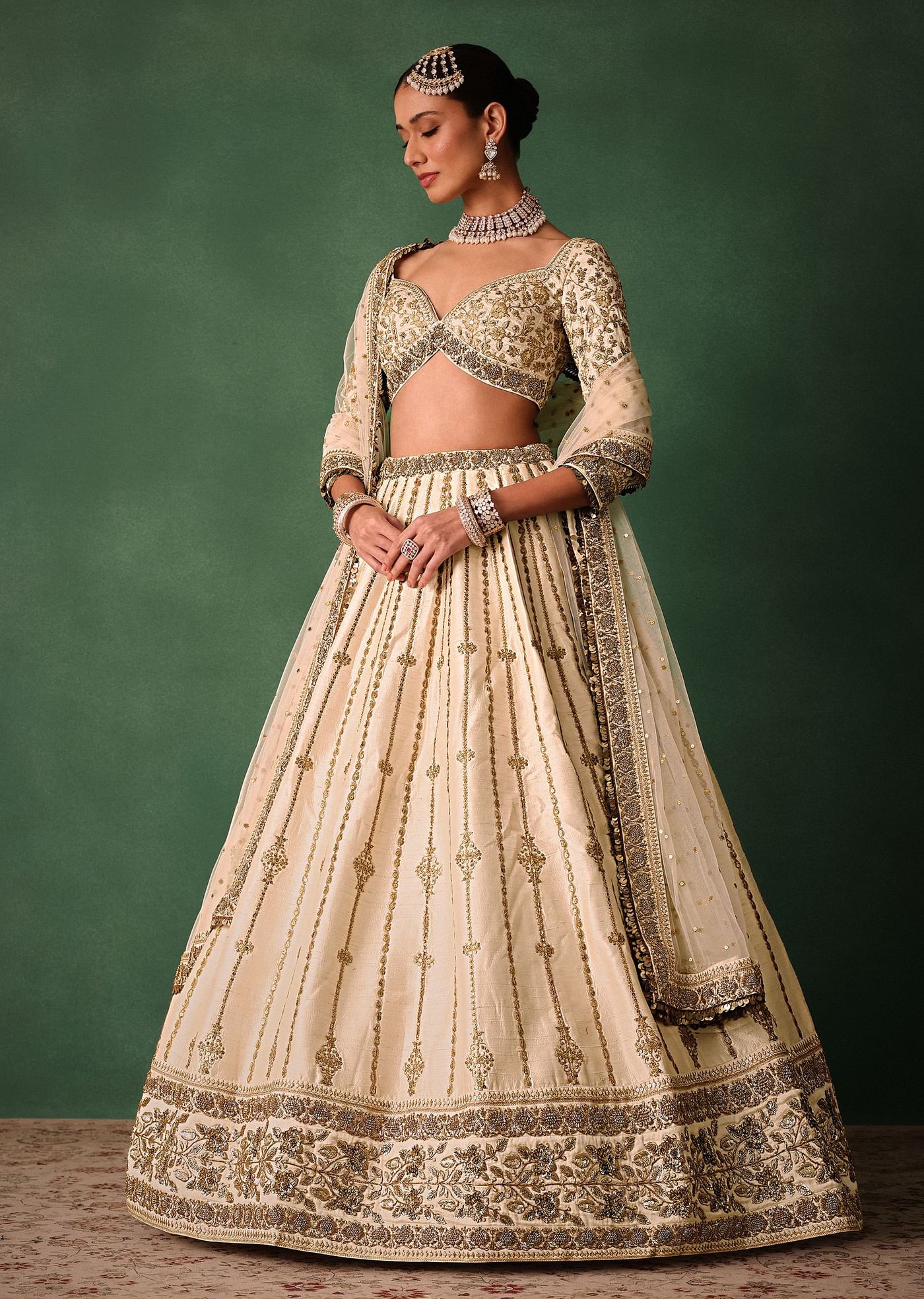Ivory Raw Silk Hand Embroidered Lehenga Set With Net Dupatta