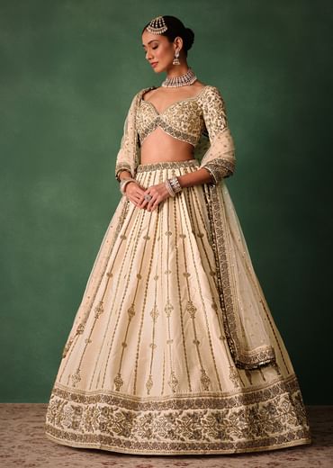 Ivory Raw Silk Hand Embroidered Lehenga Set With Net Dupatta