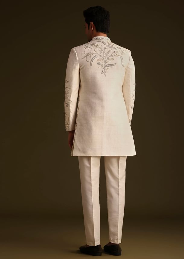 Ivory Silk Indo Western Set With Zardosi Work