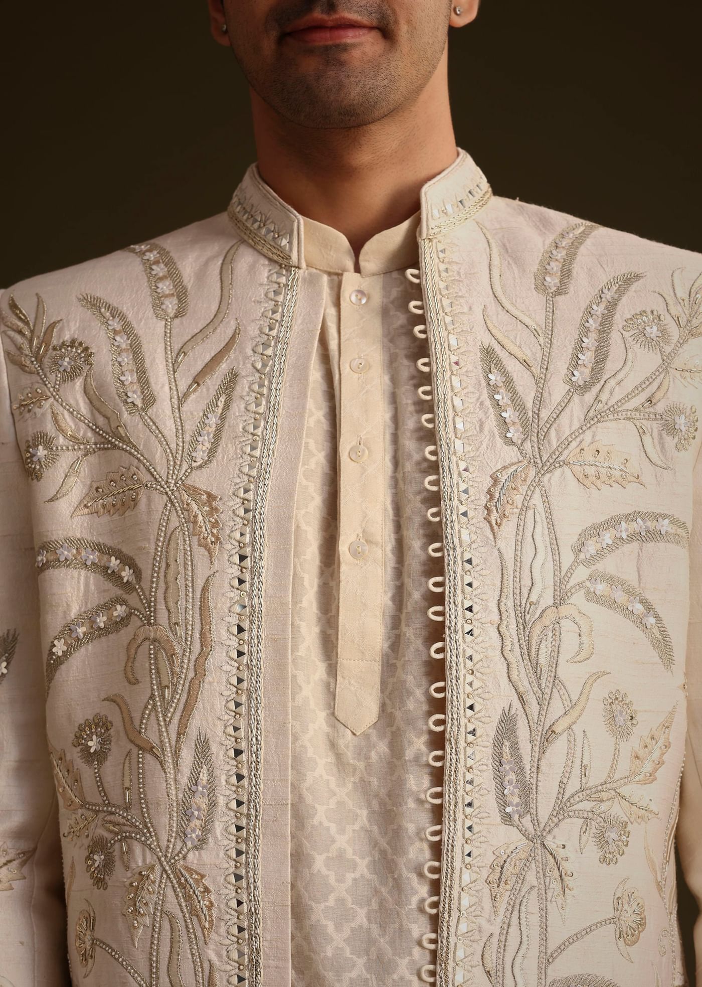Ivory Silk Indo Western Set With Zardosi Work