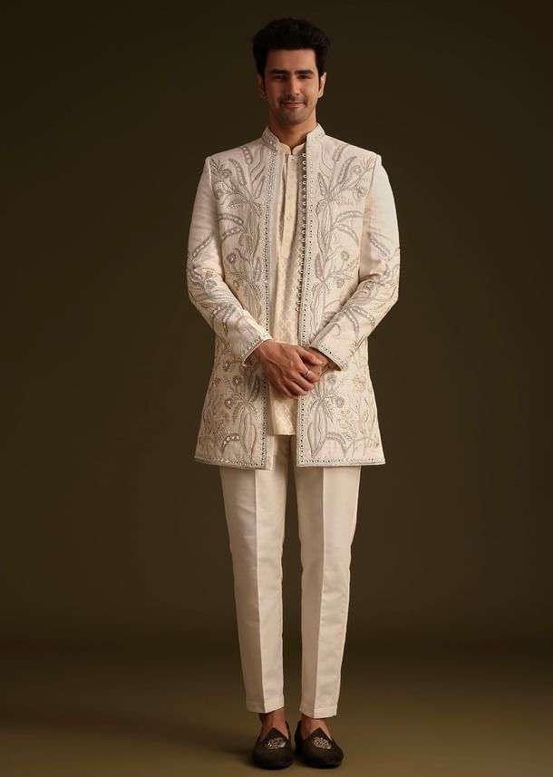 Ivory Silk Indo Western Set With Zardosi Work