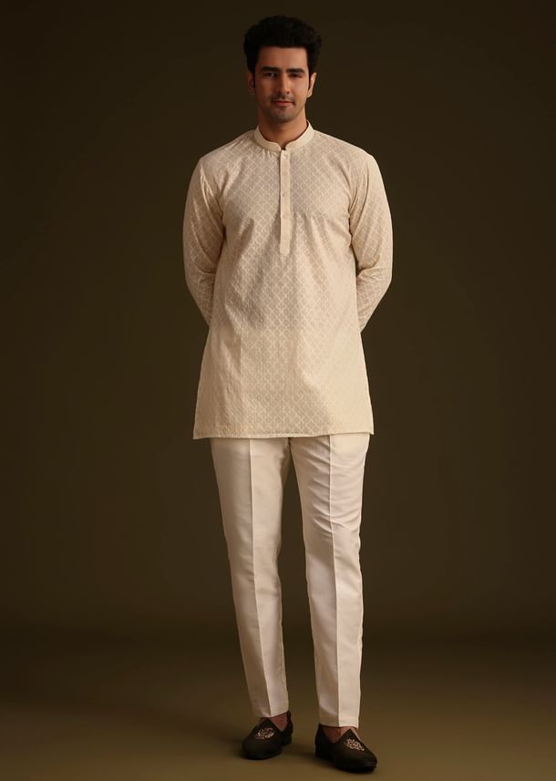 Ivory Silk Indo Western Set With Zardosi Work