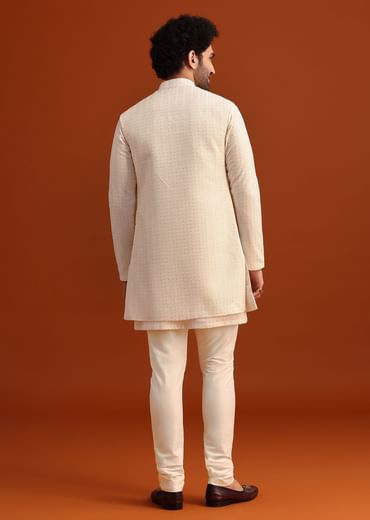 Ivory Silk Jacket And Kurta Set With Resham Work
