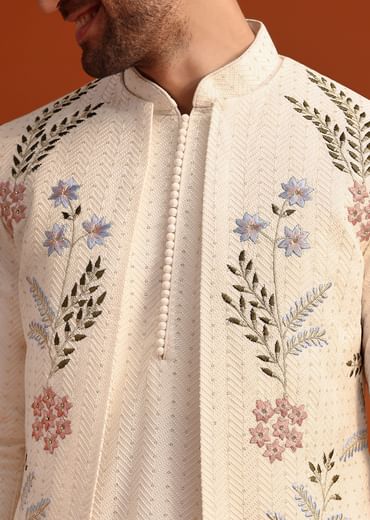 Ivory Silk Jacket And Kurta Set With Resham Work