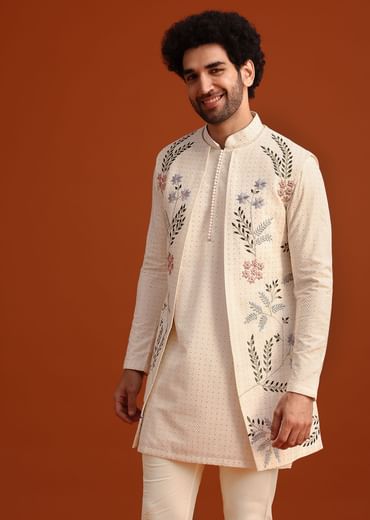 Ivory Silk Jacket And Kurta Set With Resham Work