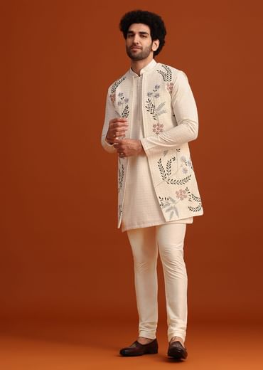 Ivory Silk Jacket And Kurta Set With Resham Work