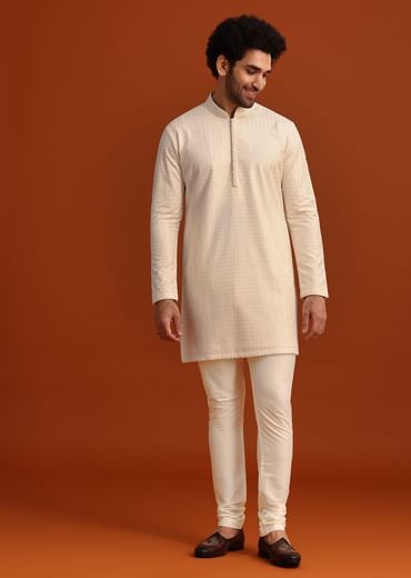 Ivory Silk Jacket And Kurta Set With Resham Work