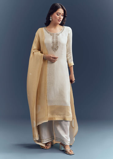 Ivory Silk Kurta Set With Jacquard Weave And Zardosi Work