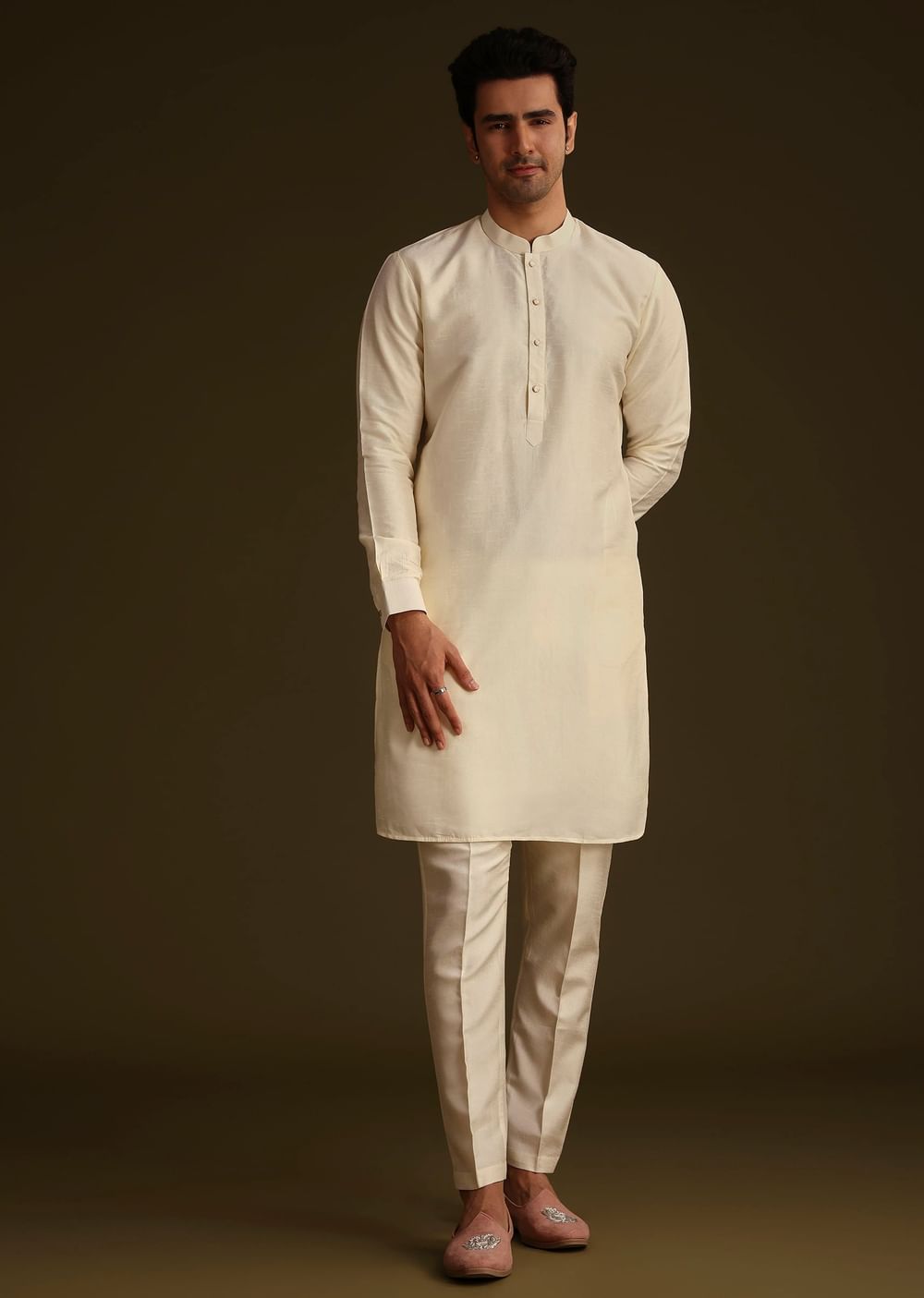 Ivory Silk Long Jacket Set With Resham And Mirror Work
