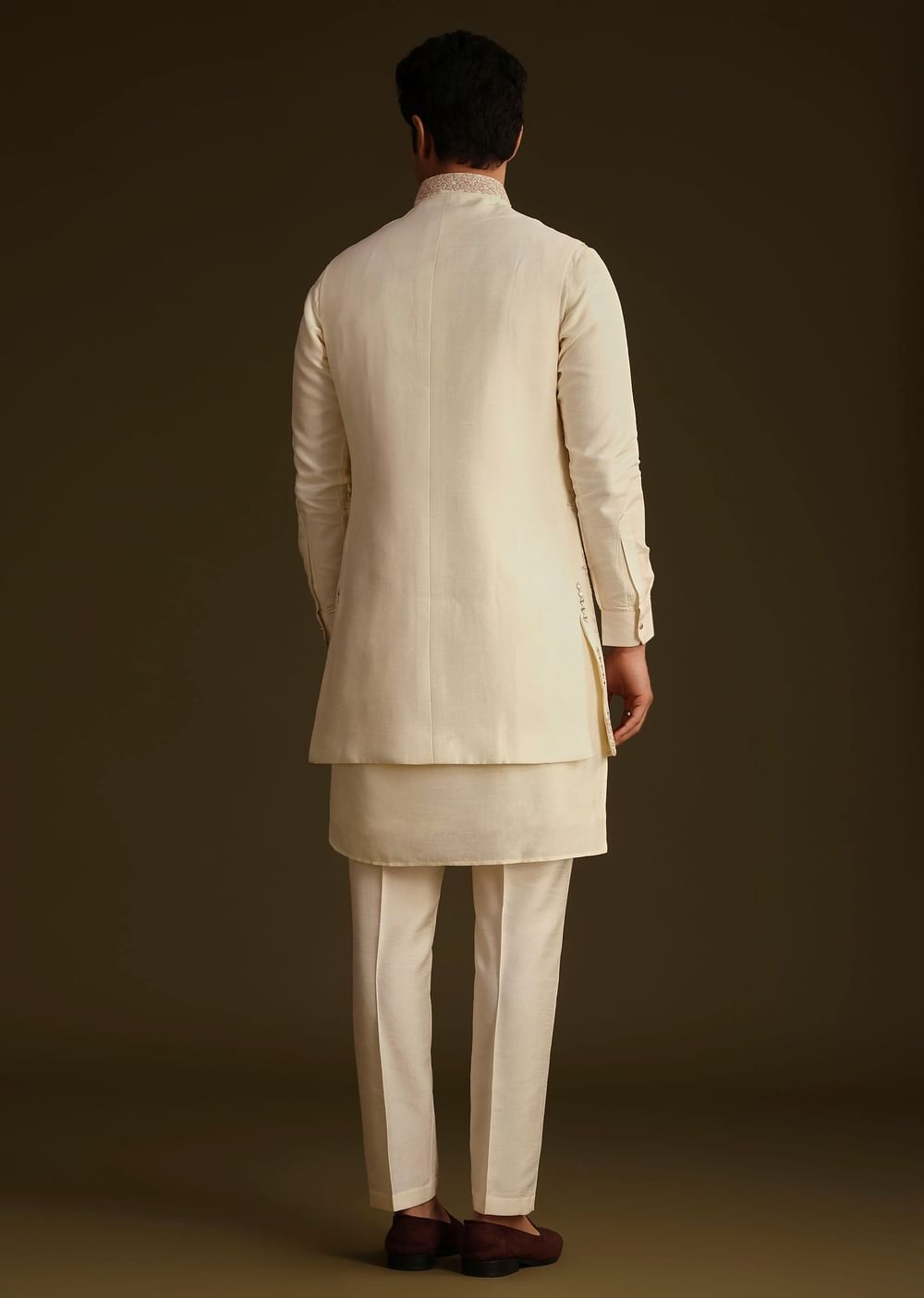 Ivory Silk Long Jacket Set With Resham And Mirror Work