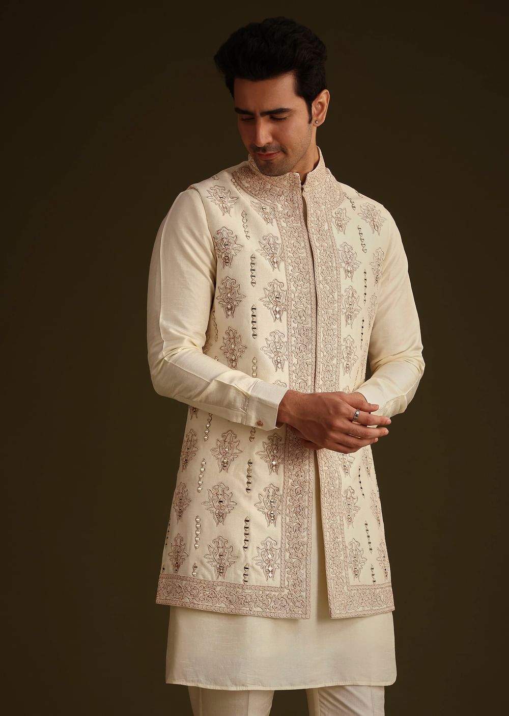 Ivory Silk Long Jacket Set With Resham And Mirror Work