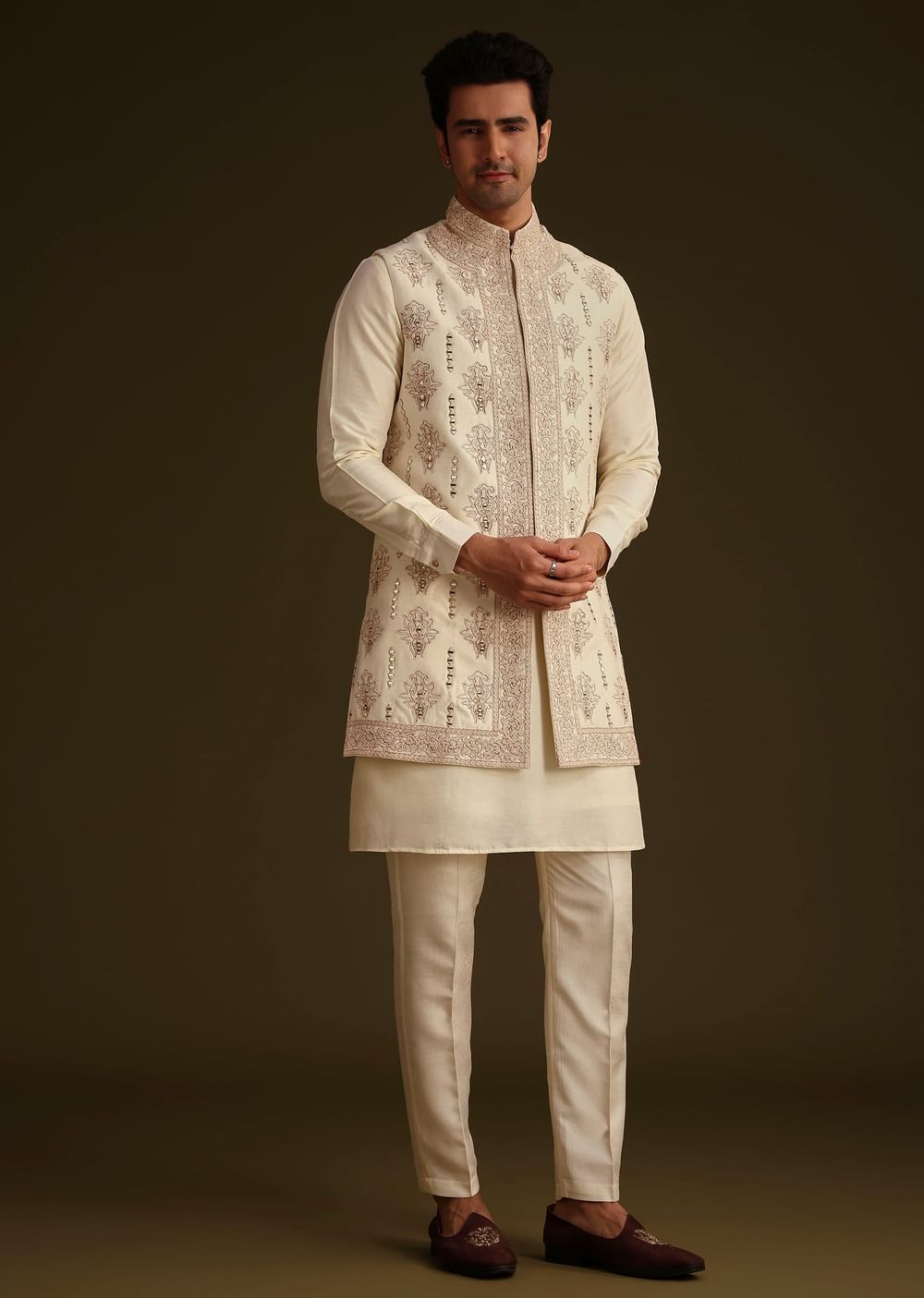 Ivory Silk Long Jacket Set With Resham And Mirror Work