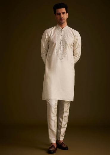 Ivory Silk Sherwani With Intricate Floral Embroidery