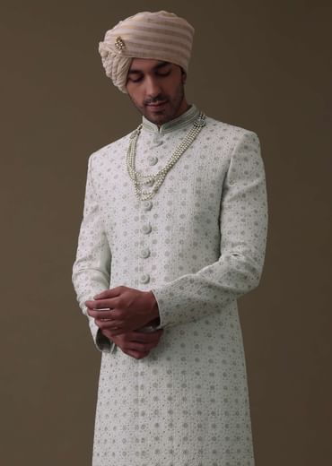 Ivory White Sherwani Set In Silk With Cut Dana Work
