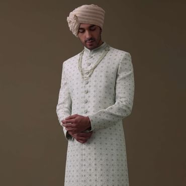 Ivory White Sherwani Set In Silk With Cut Dana Work