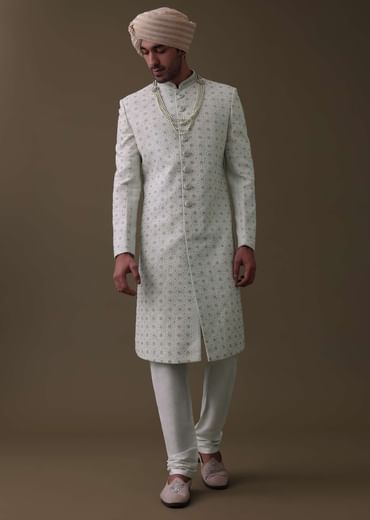 Ivory White Sherwani Set In Silk With Cut Dana Work
