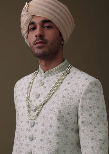 Ivory White Sherwani Set In Silk With Cut Dana Work
