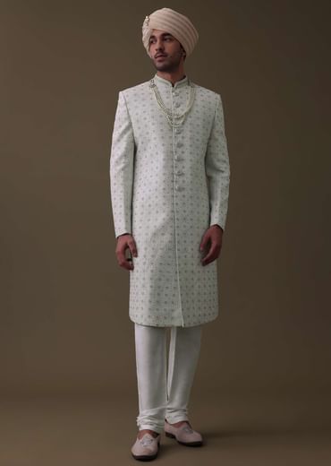 Ivory White Sherwani Set In Silk With Cut Dana Work