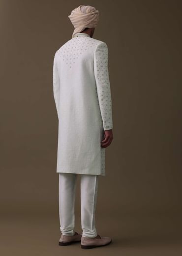 Ivory White Sherwani Set In Silk With Cut Dana Work