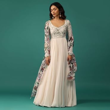 Ivory White Anarkali In Georgette With Sequins Embroidery