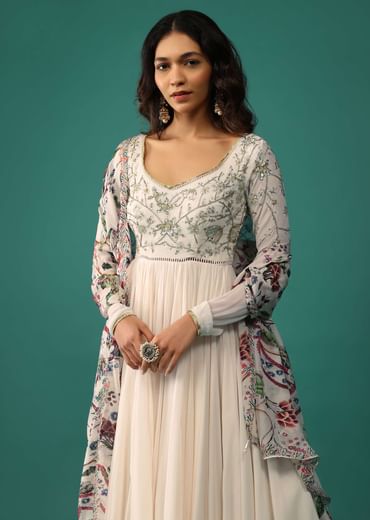Ivory White Anarkali In Georgette With Sequins Embroidery