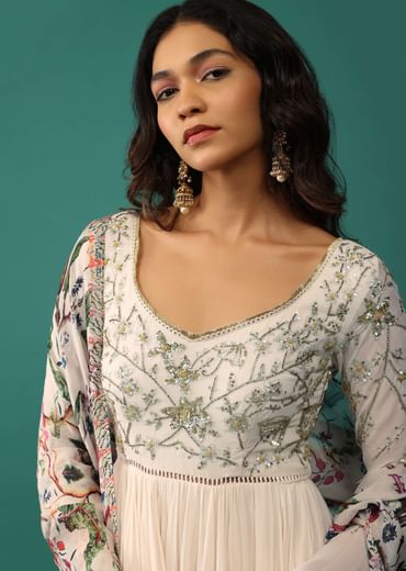 Ivory White Anarkali In Georgette With Sequins Embroidery