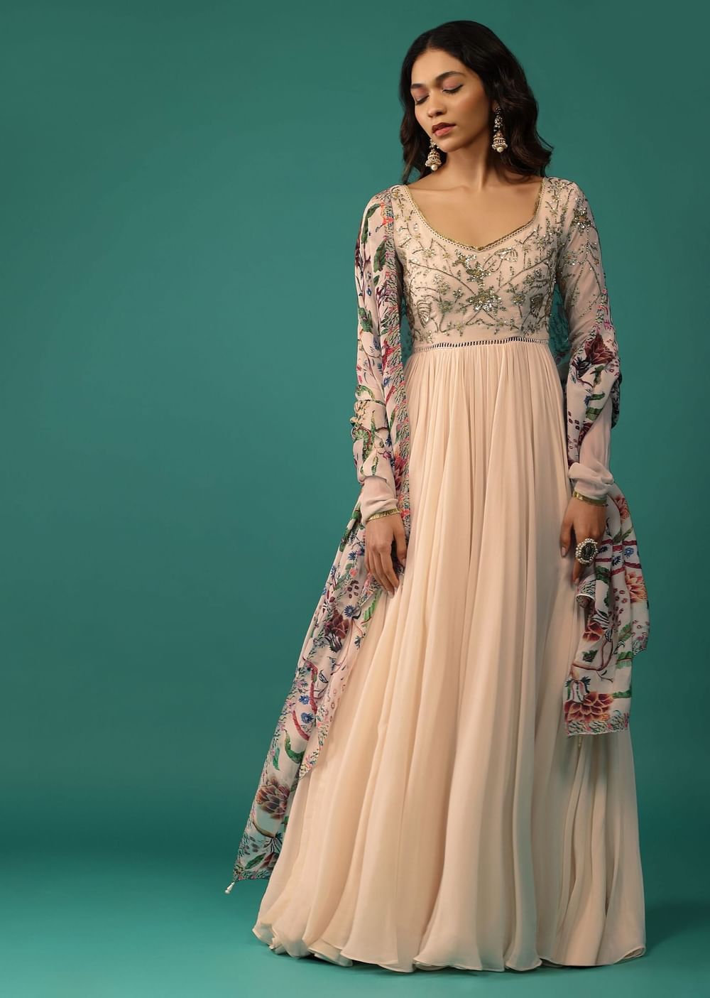 Ivory White Anarkali In Georgette With Sequins Embroidery