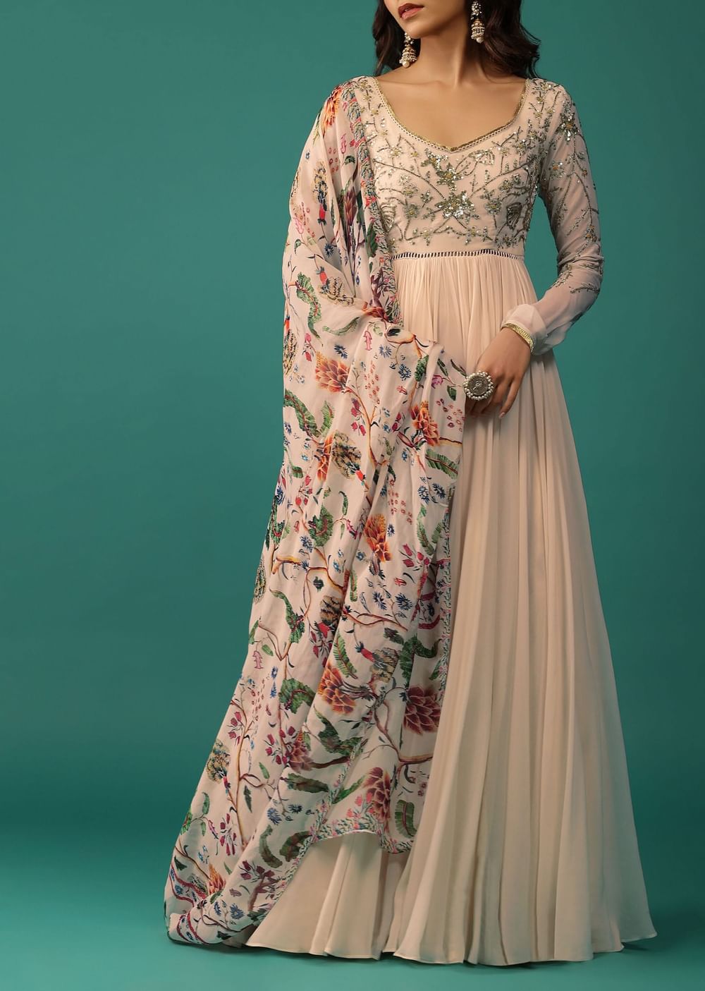 Ivory White Anarkali In Georgette With Sequins Embroidery