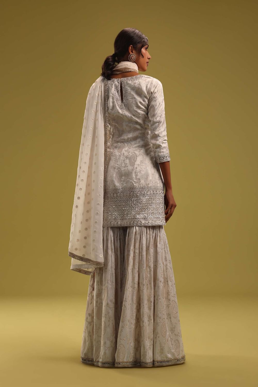 Ivory White Brocade Kurti And Sharara Set With Embroidery