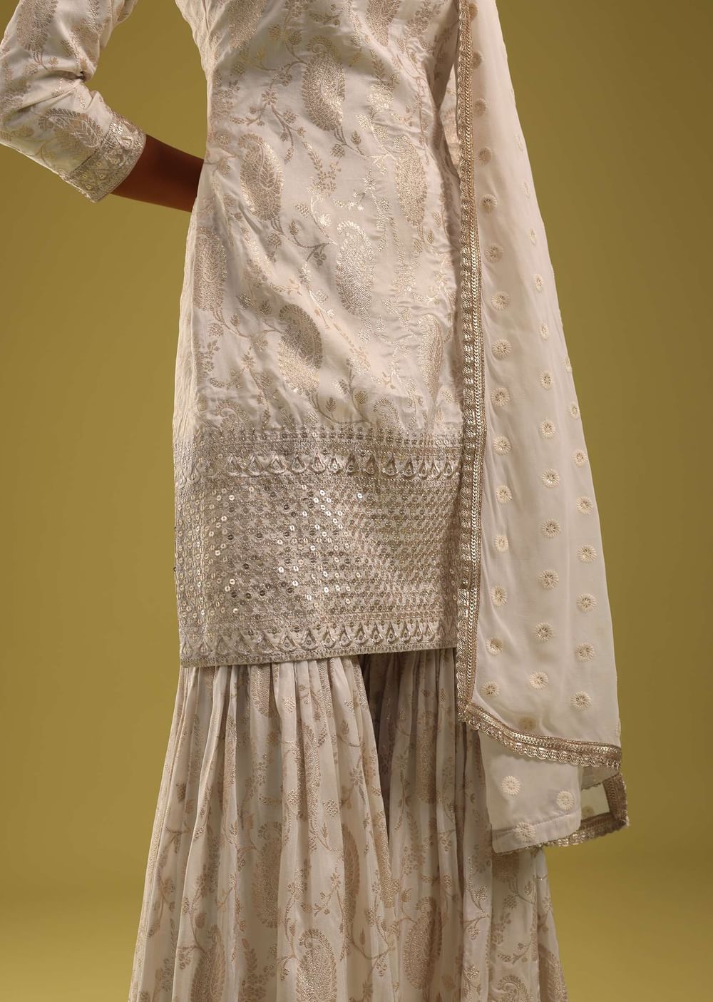 Ivory White Brocade Kurti And Sharara Set With Embroidery