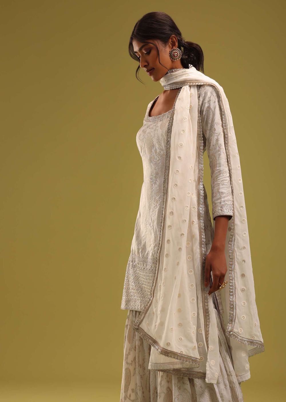 Ivory White Brocade Kurti And Sharara Set With Embroidery