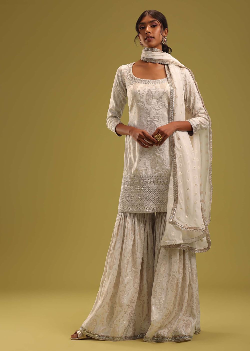Ivory White Brocade Kurti And Sharara Set With Embroidery