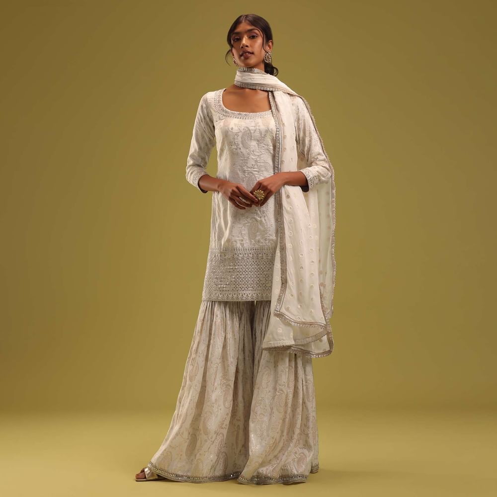 Ivory White Brocade Kurti And Sharara Set With Embroidery