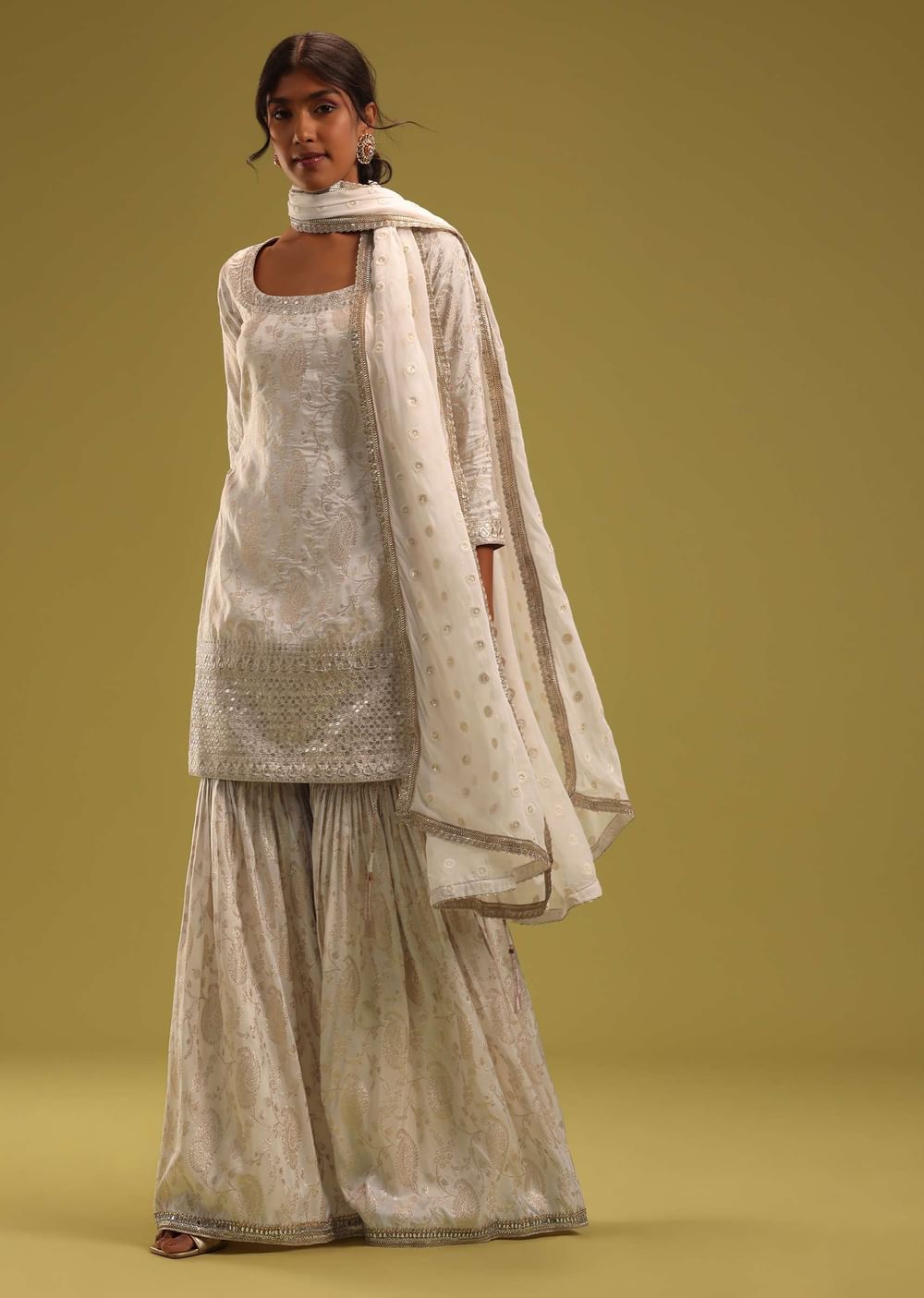 Ivory White Brocade Kurti And Sharara Set With Embroidery