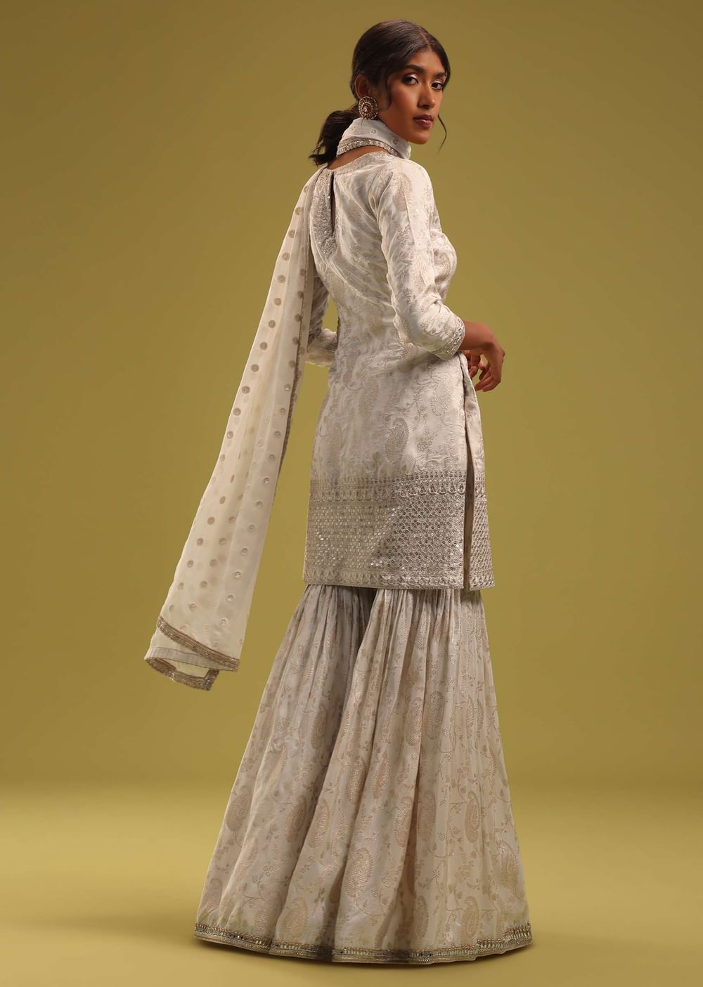 Ivory White Brocade Kurti And Sharara Set With Embroidery