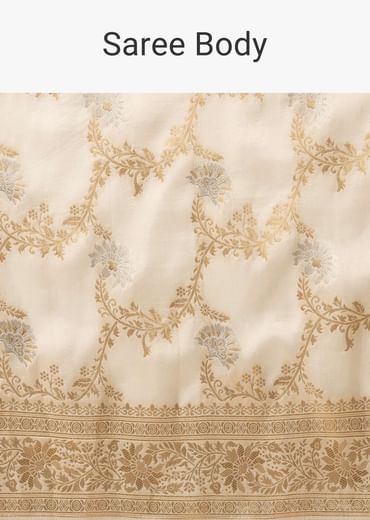 Ivory White Dola Silk Saree With Silver And Gold Jaal Embroidery In Floral Pattern
