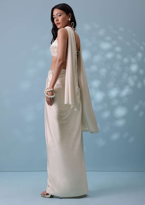 Ivory White Embroidered Drape Skirt And Bustier Top In Milano Satin