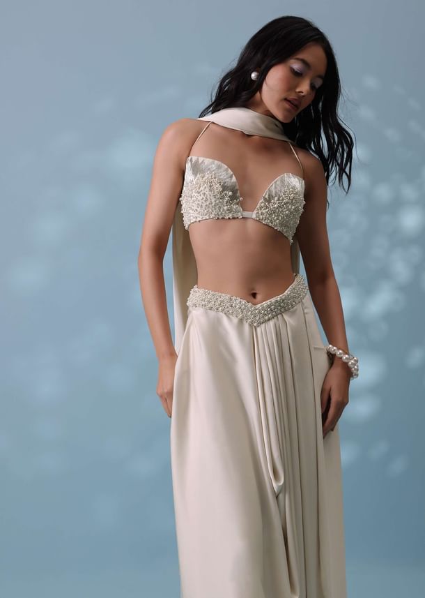 Ivory White Embroidered Drape Skirt And Bustier Top In Milano Satin