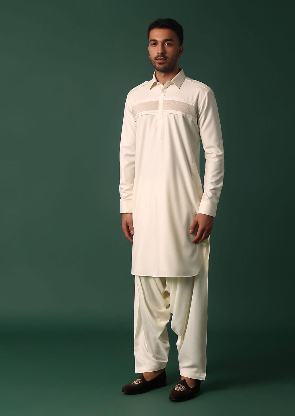 Ivory White Pathani Kurta Set WIth Pintuck Detailing