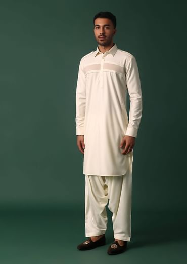 Ivory White Pathani Kurta Set WIth Pintuck Detailing