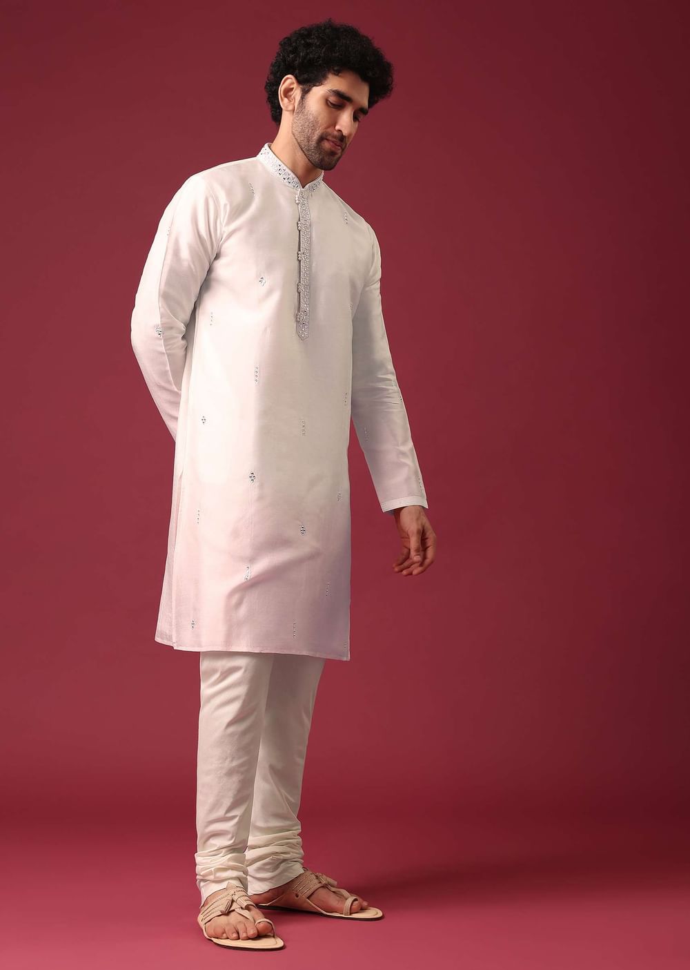 Ivory White Ombre Kurta Set In Silk With Mirror Work