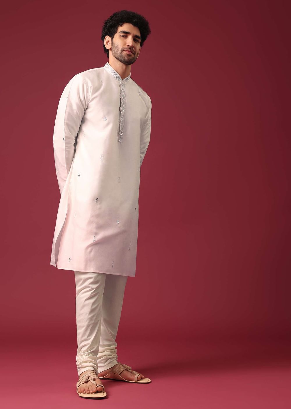 Ivory White Ombre Kurta Set In Silk With Mirror Work