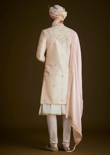 Ivory Zardozi Embroidered Sherwani With Matching Dupatta