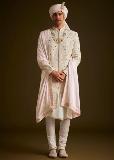 Ivory Zardozi Embroidered Sherwani With Matching Dupatta