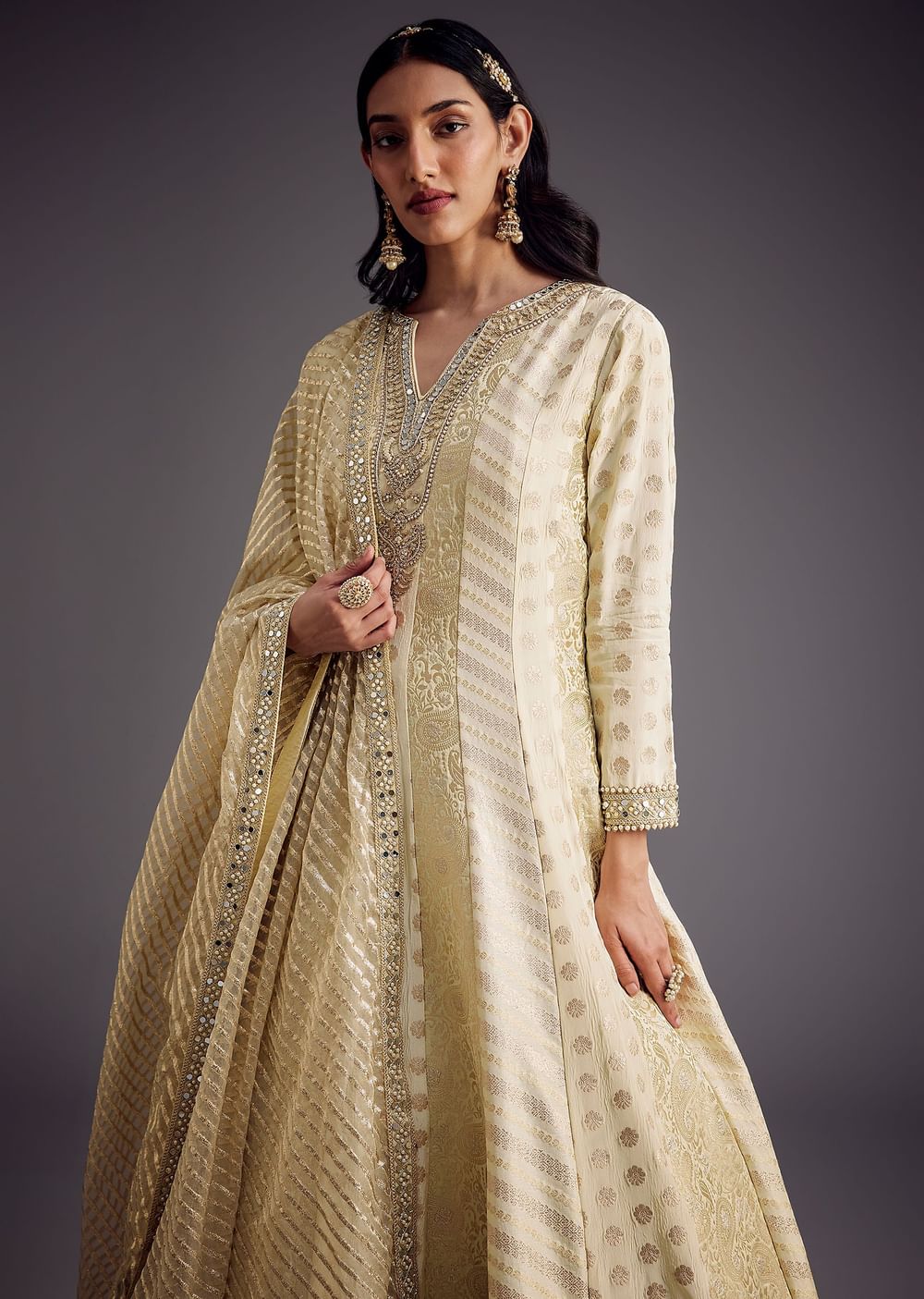 Ivory Zari Embroidered Anarkali With Dupatta