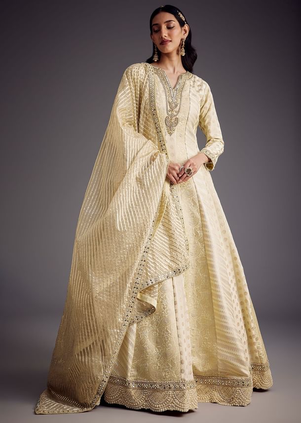 Ivory Zari Embroidered Anarkali With Dupatta