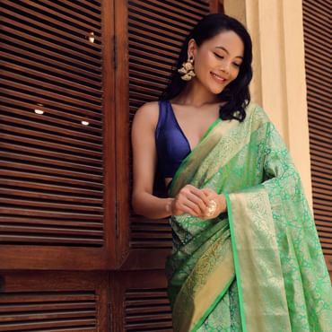 Jade Green Kanjivaram Saree In Zari Weave With An Unstitched Blouse